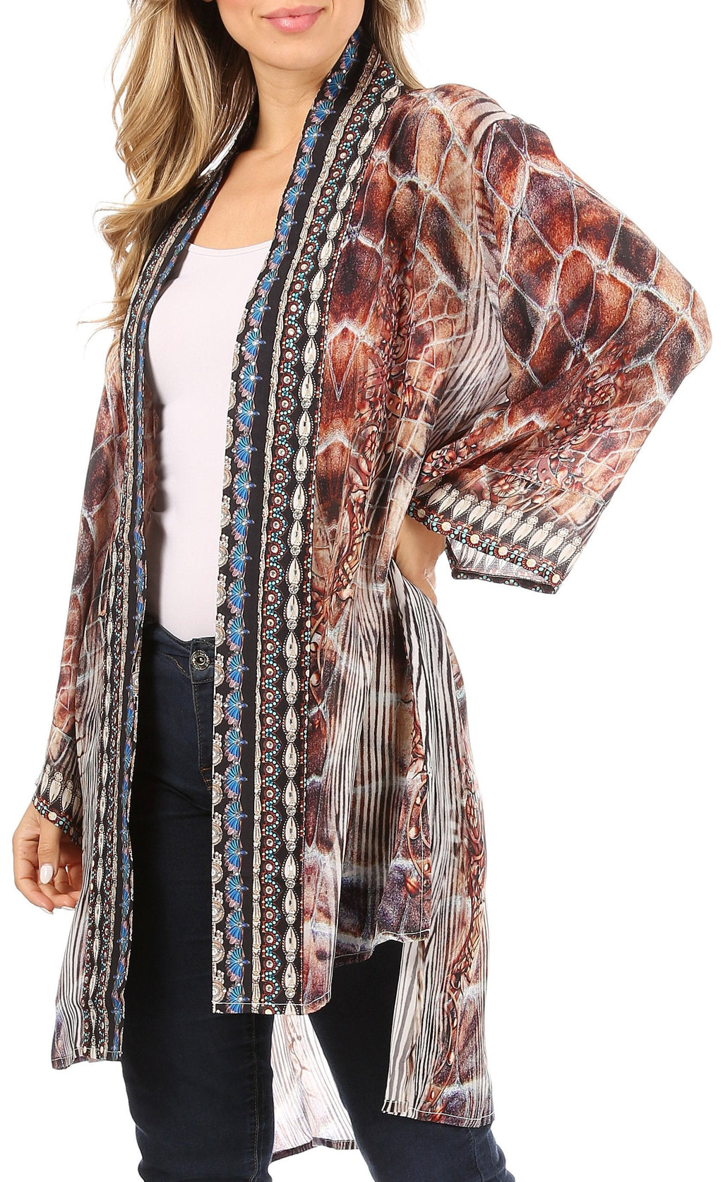Sakkas Aremi Women Floral Printed Open Front Cardigan Top Boho Casual Short Sleeve