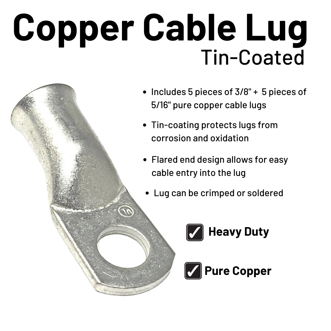 4/0 Gauge Welding Battery Cable Kit - Includes 5 pieces of 3/8" + 5 pieces of 5/16" Tinned Copper Cable Lugs and 3 Feet Black Heat Shrink Tubing