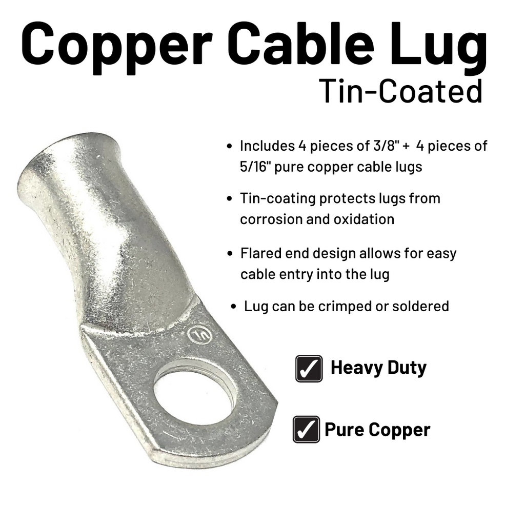 6 Gauge Welding Battery Cable Kit - Includes 5 pieces of 3/8" + 5 pieces of 5/16" Tinned Copper Cable Lugs and 3 Feet Black Heat Shrink Tubing