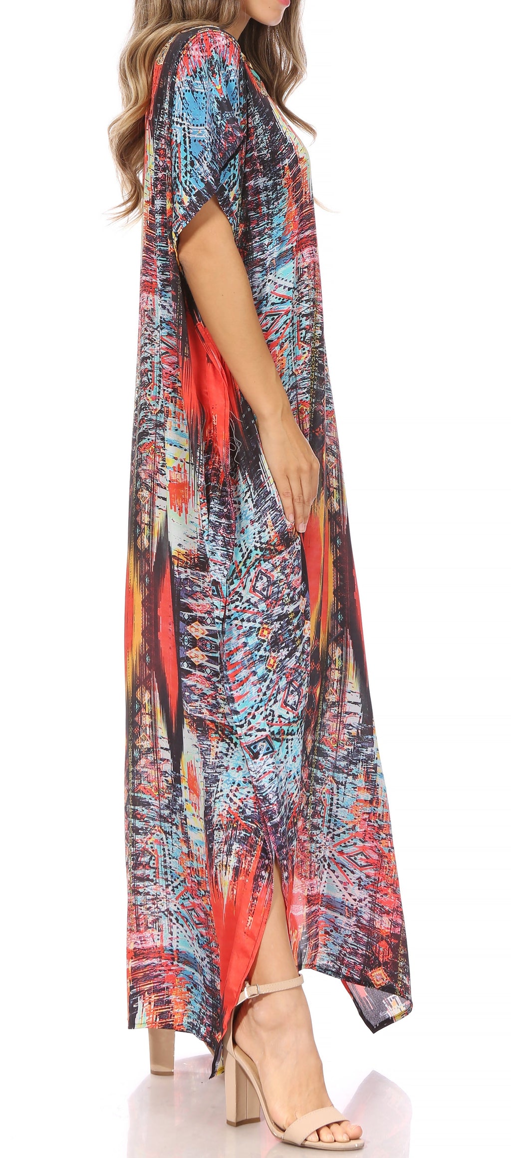 Sakkas Vicky Women's Casual Long Print Short Sleeve Petite Beach Maxi Caftan Dress - Buy One Get One Free
