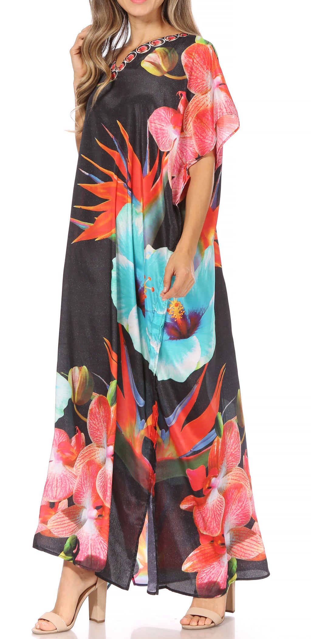 Sakkas Vicky Women's Casual Long Print Short Sleeve Petite Beach Maxi Caftan Dress - Buy One Get One Free