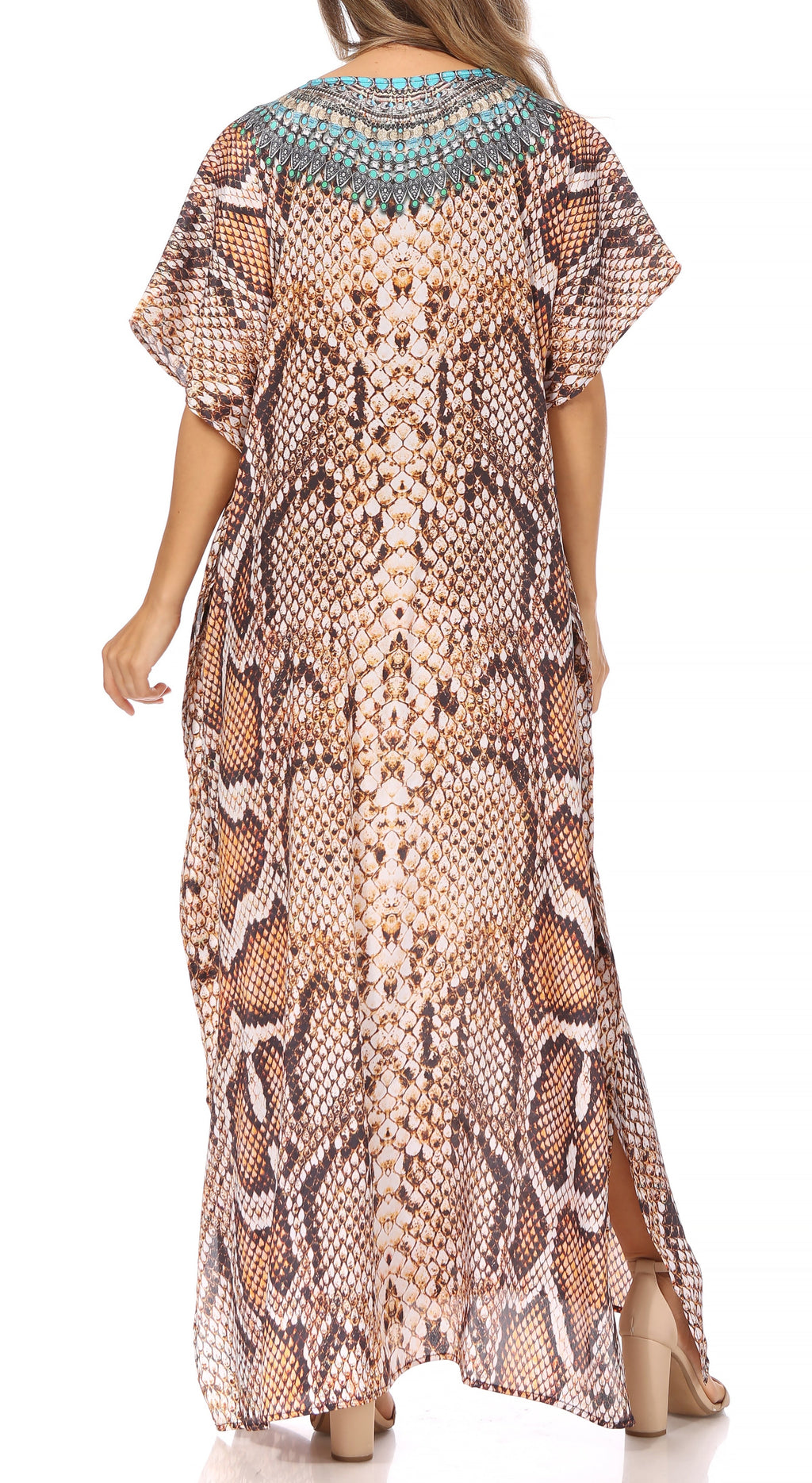 Sakkas Vicky Women's Casual Long Print Short Sleeve Petite Beach Maxi Caftan Dress - Buy One Get One Free