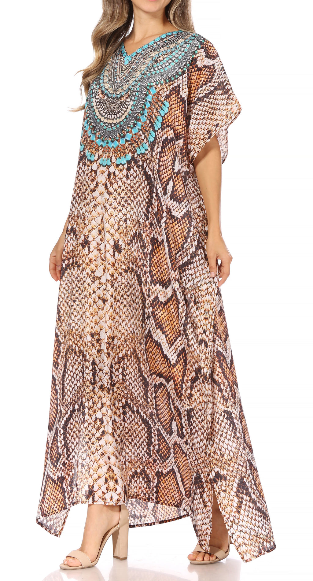 Sakkas Vicky Women's Casual Long Print Short Sleeve Petite Beach Maxi Caftan Dress - Buy One Get One Free