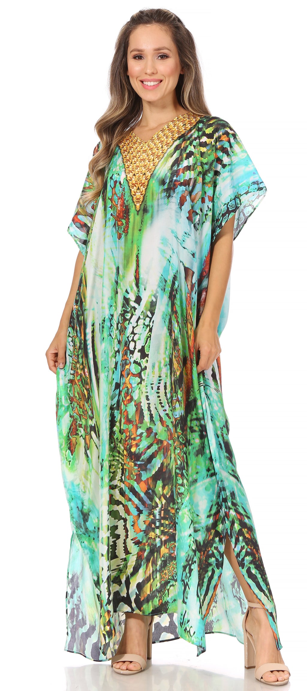 Sakkas Vicky Women's Casual Long Print Short Sleeve Petite Beach Maxi Caftan Dress - Buy One Get One Free