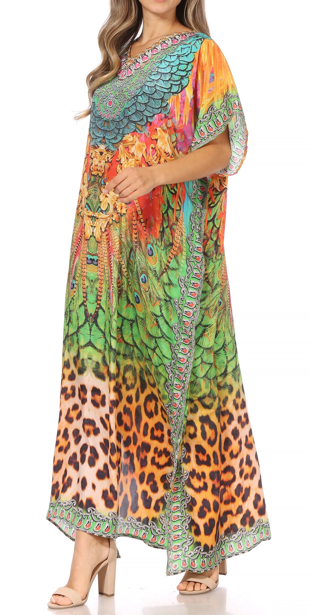 Sakkas Vicky Women's Casual Long Print Short Sleeve Petite Beach Maxi Caftan Dress - Buy One Get One Free