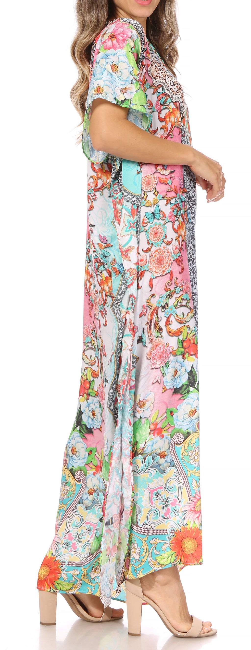 Sakkas Vicky Women's Casual Long Print Short Sleeve Petite Beach Maxi Caftan Dress - Buy One Get One Free