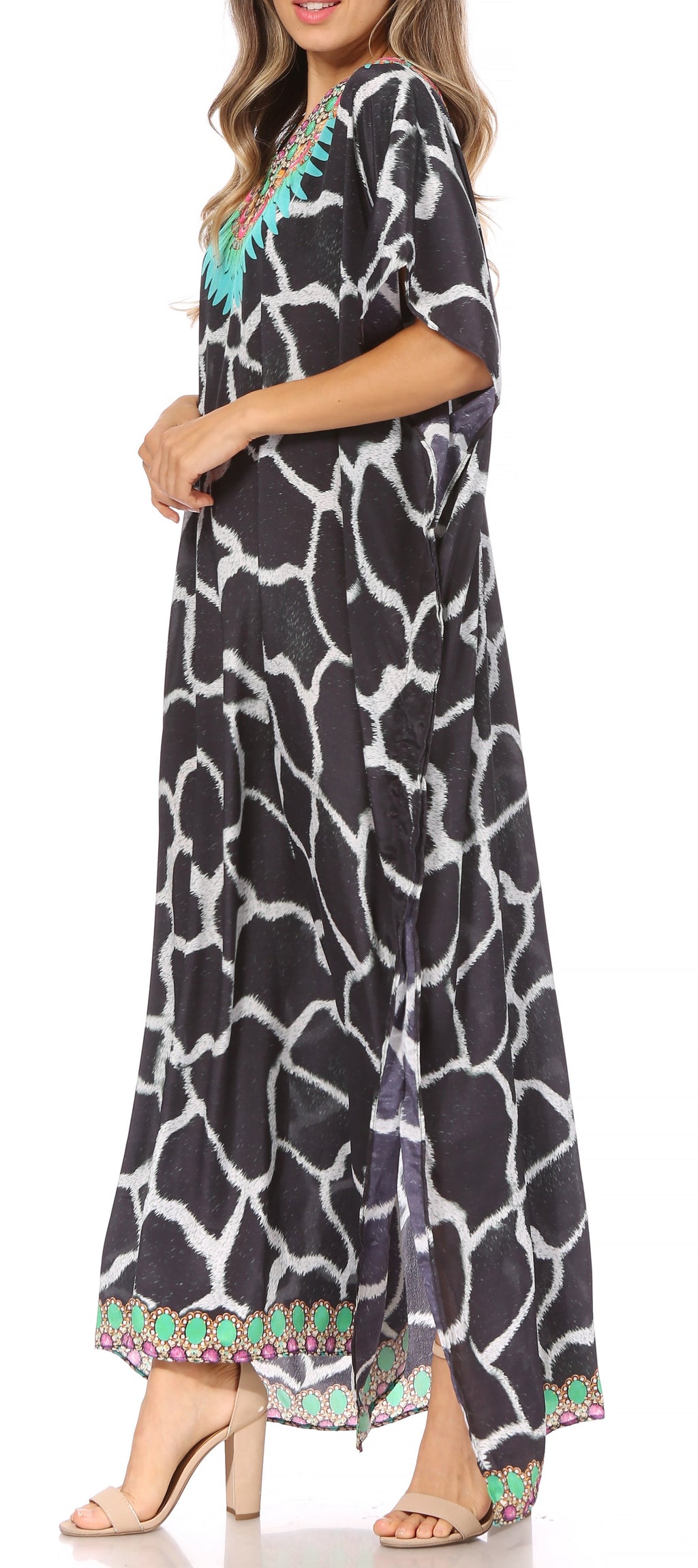 Sakkas Vicky Women's Casual Long Print Short Sleeve Petite Beach Maxi Caftan Dress - Buy One Get One Free