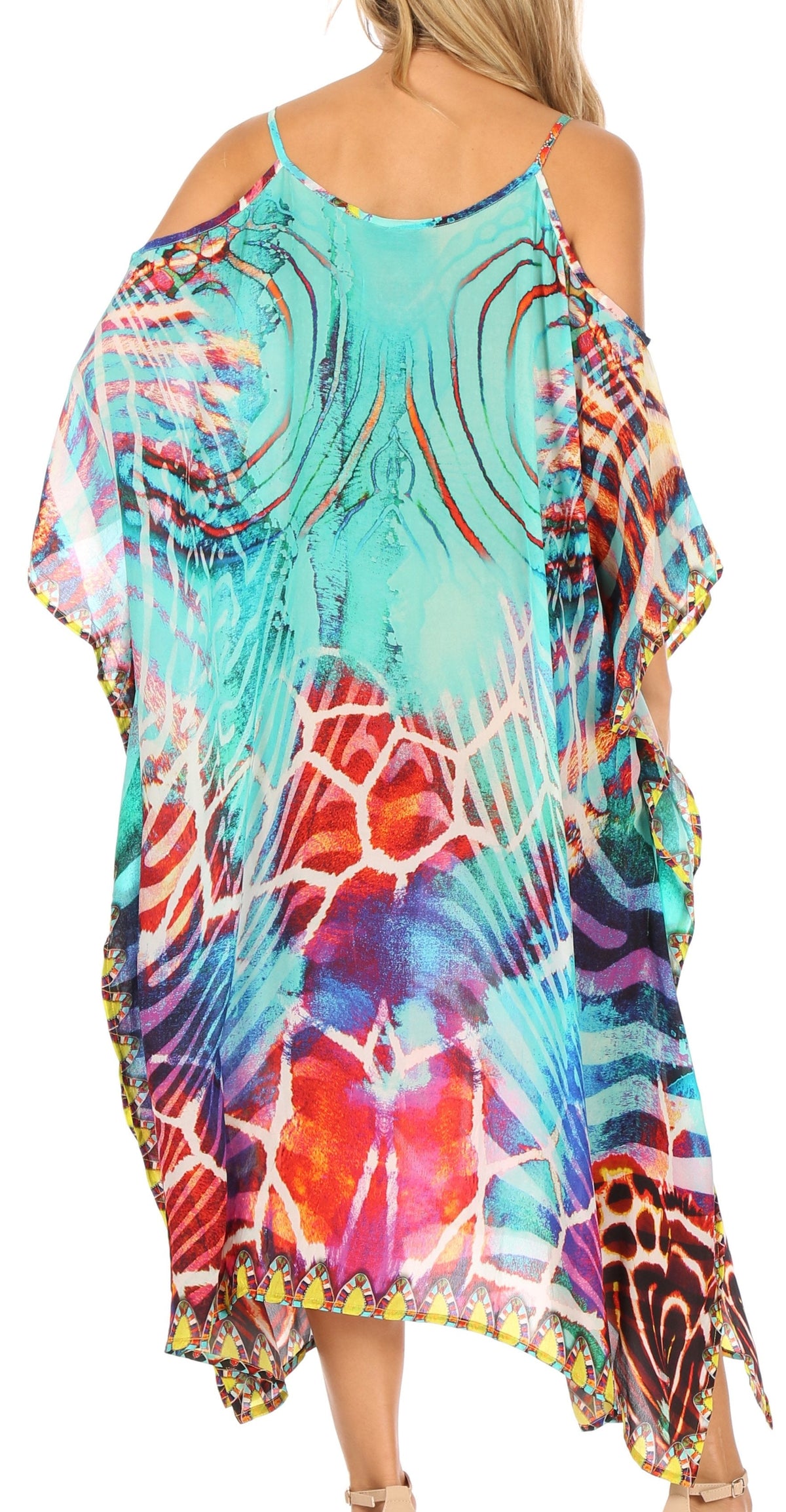 Sakkas Amaya Loose Fit Long Printed Strappy Cutout Shoulder Boat Neck Kaftan Dress