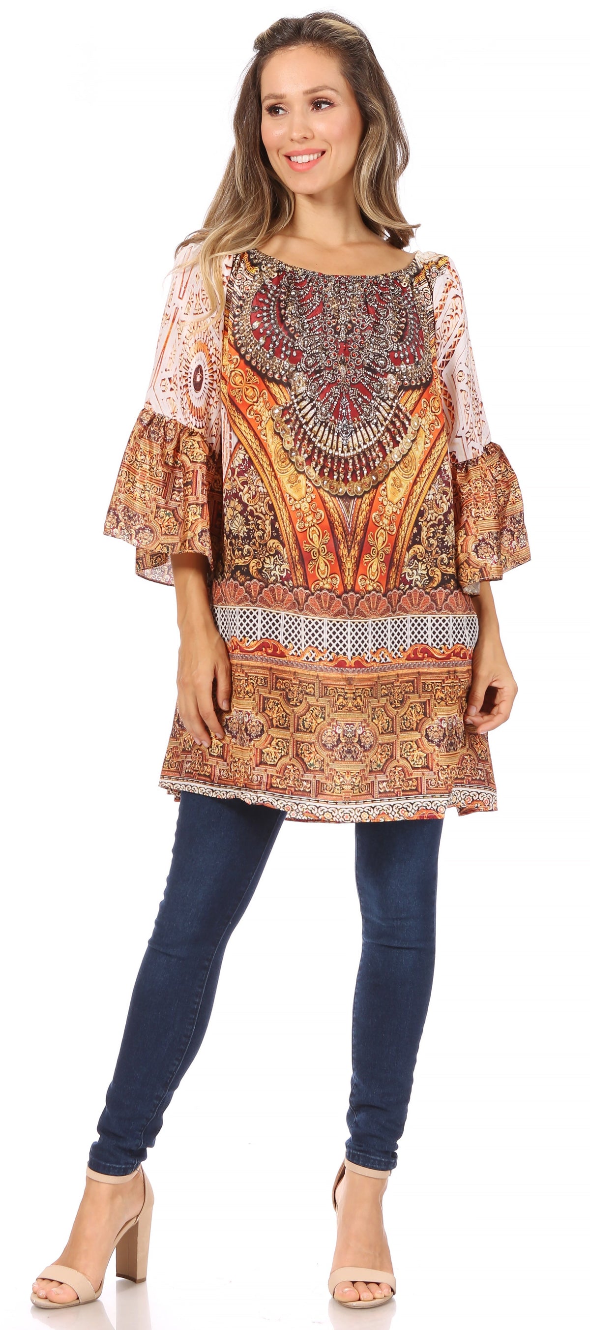 Sakkas Inna Colorful Shift Dress Tunic with Bell Ruffled Sleeves & Rhinestones