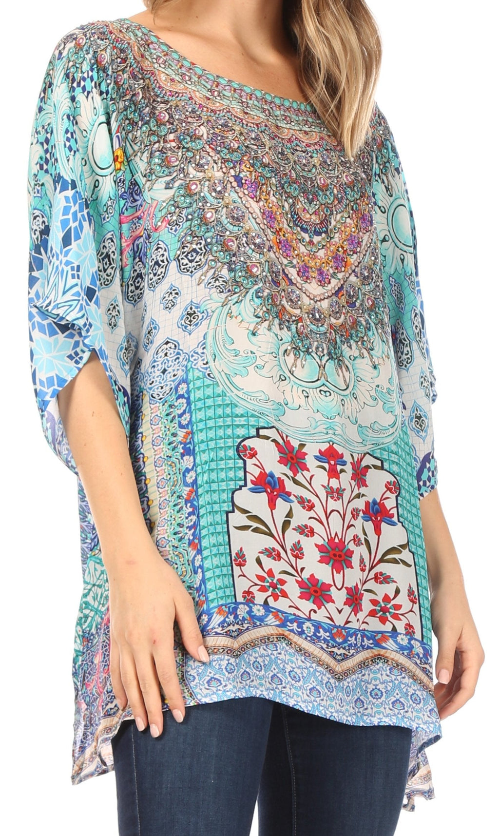 Sakkas Ella Women's Casual Short Sleeve Boxy Trendy Print Boho Blouse Top Tunic