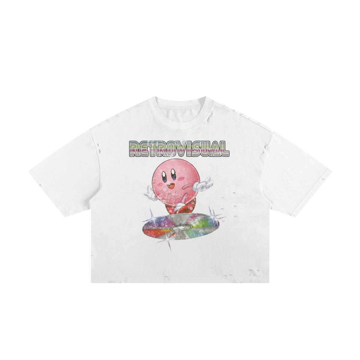 Kirby Vintage Streetwear Shirt Y2K Frayed Boxy Tee White Pink Cotton 250 GSM Distressed All Over