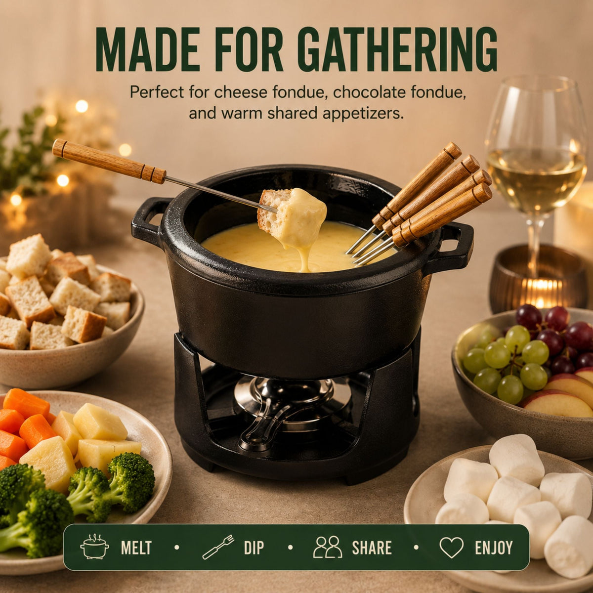 Enameled Cast Iron Fondue Set, 8-Piece