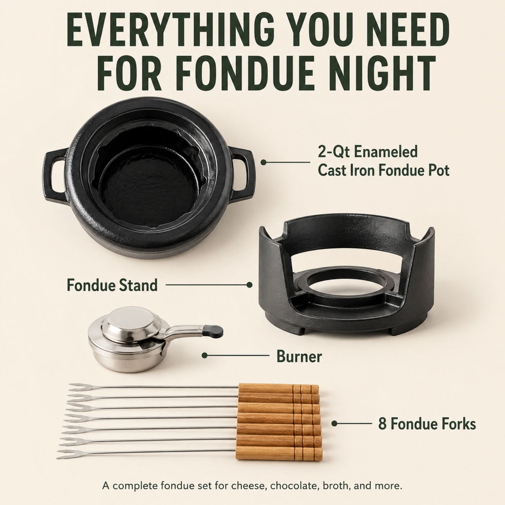 Enameled Cast Iron Fondue Set, 8-Piece